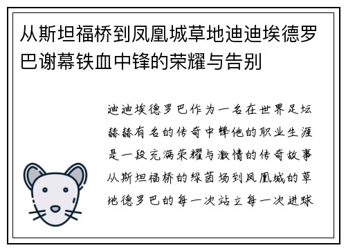 从斯坦福桥到凤凰城草地迪迪埃德罗巴谢幕铁血中锋的荣耀与告别 从斯坦福桥到凤凰城草地迪迪埃德罗巴谢幕铁血中锋的荣耀与告别